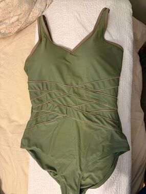 Olive Green One-Piece Swimsuit with Taupe Trim Slimming Waistline Sz 14